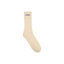 Obey Sports Logo Socks in Unbleached, premium high-density cotton blend medium-length ribbed crew socks met cushioned footbed en Obey Sports typography in contrast knit in warme off-white vintage toon, verkrijgbaar bij Revert 95 Haarlem