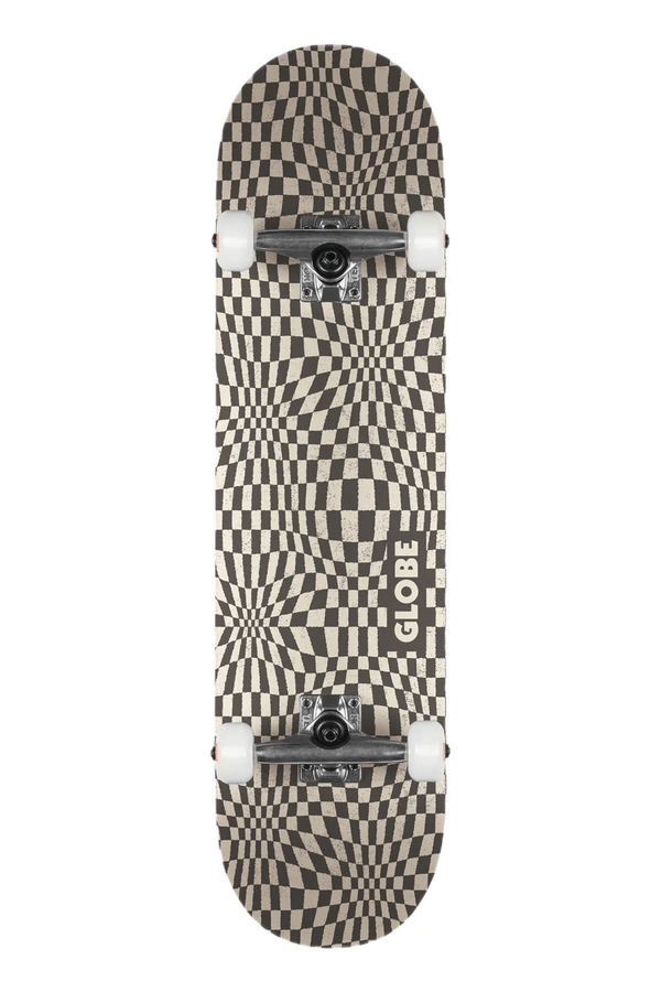 Globe G0 Checked Out Black Off-White – skateboarddeck van 7-laags esdoorn met zwart-wit checker-graphic en Globe-logo