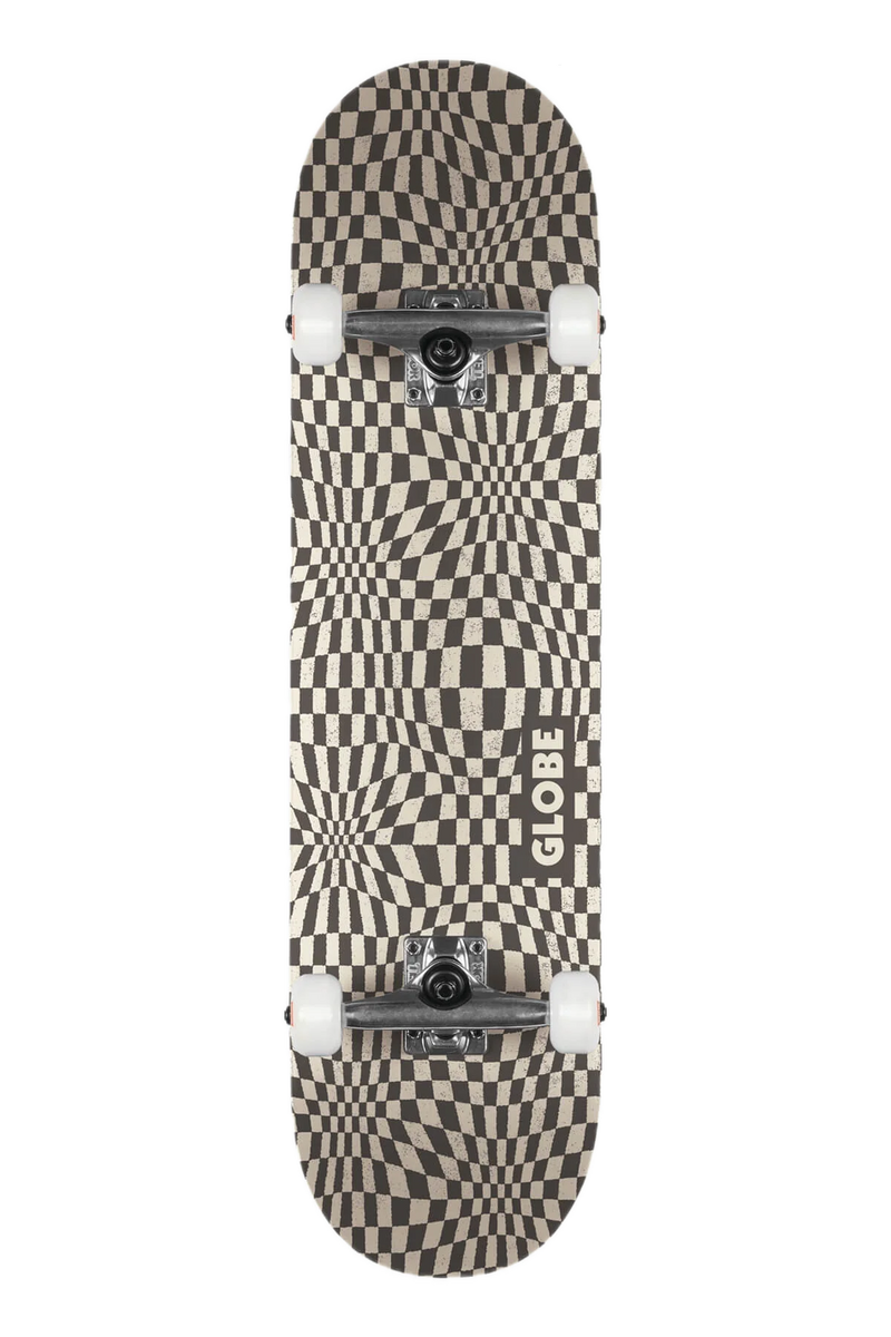 Globe G0 Checked Out Black Off-White – skateboarddeck van 7-laags esdoorn met zwart-wit checker-graphic en Globe-logo