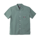 Loser Machine Guadalupe SS Woven Shirt in Green, 100% cotton heavyweight poplin short sleeve workshirt met camp collar engraved pearl buttons patch pocket printed Guadalupe artwork op achterkant straight hem en boxier fit in groene colorway, verkrijgbaar bij Revert 95 Haarlem