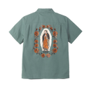 Loser Machine Guadalupe SS Woven Shirt in Green, 100% cotton heavyweight poplin short sleeve workshirt met camp collar engraved pearl buttons patch pocket printed Guadalupe artwork op achterkant straight hem en boxier fit in groene colorway, verkrijgbaar bij Revert 95 Haarlem