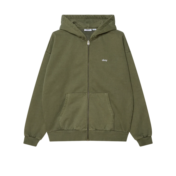 Obey Lowercase Pigment Zip Hood – katoenen pigment-dyed zip hoodie met geborduurd lowercase Obey-logo