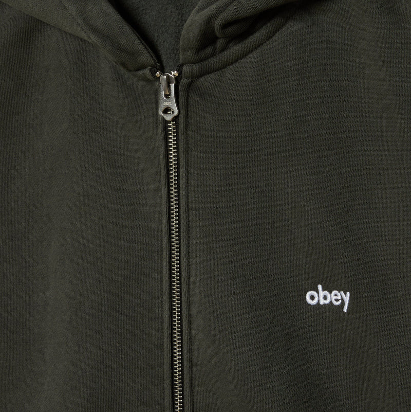 Obey Lowercase Pigment Zip Hood – katoenen pigment-dyed zip hoodie met geborduurd lowercase Obey-logo