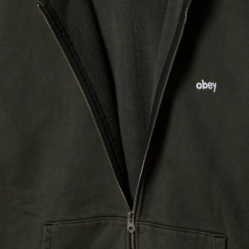 Obey Lowercase Pigment Zip Hood – katoenen pigment-dyed zip hoodie met geborduurd lowercase Obey-logo
