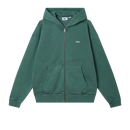 Obey Lowercase Pigment Zip Hood in Pigment Pine Needle, 100% cotton 16 oz extra heavyweight brushed back fleece zip hoodie met exposed front metal zipper rib waistband cuffs front patch pockets en Lowercase embroidery op borst in diepe gedempte groene Pine Needle kleur, verkrijgbaar bij Revert 95 Haarlem