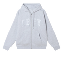 Obey Collegiate Zip Hood, 58% cotton 42% polyester heavyweight brushed fleece zip hoodie met exposed front metal zipper front patch pockets rib cuffs en hem tackle twill lettering op voorkant in relaxed fit verkrijgbaar in Ash Grey en Black, verkrijgbaar bij Revert 95 Haarlem
