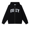 Obey Collegiate Zip Hood, 58% cotton 42% polyester heavyweight brushed fleece zip hoodie met exposed front metal zipper front patch pockets rib cuffs en hem tackle twill lettering op voorkant in relaxed fit verkrijgbaar in Ash Grey en Black, verkrijgbaar bij Revert 95 Haarlem