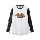 Loser Machine Condor Jersey in White Black, 100% polyester long sleeve mesh moto jersey met larger hole mesh op zijkanten en undersleeve self neck band cuff scalloped hem en LMC printed neck label, verkrijgbaar bij Revert 95 Haarlem