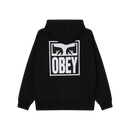 Obey Eyes Icon Hood Black, hoodie van 58% cotton 42% polyester met Eyes Icon graphic op borst en achterkant, gevoerde capuchon en kangoeroezak, regular fit, maten S-XL, verkrijgbaar bij Revert 95 Haarlem