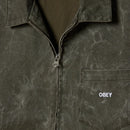 Obey Workman Zip Jacket Black Olive Wrinkle Wash – heavy denim workwear jas met ritssluiting en verstelbare tailleband