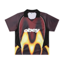 Obey Blurred Soccer Jersey Burnt Red Multi, sportief colorblock shirt van 100% polyester met rib V-hals kraag en Obey screen print, relaxed fit, maten S-XXL, verkrijgbaar bij Revert 95 Haarlem