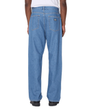 Obey Emerson Denim in Salty Blue Stone Wash, 100% cotton 10 oz denim loose fit jeans met shank button closure zipper fly klassiek 5-pocket design 18.5 inch leg opening en Obey labeling op achterzak in subtiel vintage gewassen lichtblauwe kleur, verkrijgbaar bij Revert 95 Haarlem