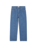 Obey Emerson Denim in Salty Blue Stone Wash, 100% cotton 10 oz denim loose fit jeans met shank button closure zipper fly klassiek 5-pocket design 18.5 inch leg opening en Obey labeling op achterzak in subtiel vintage gewassen lichtblauwe kleur, verkrijgbaar bij Revert 95 Haarlem