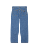 Obey Emerson Denim in Salty Blue Stone Wash, 100% cotton 10 oz denim loose fit jeans met shank button closure zipper fly klassiek 5-pocket design 18.5 inch leg opening en Obey labeling op achterzak in subtiel vintage gewassen lichtblauwe kleur, verkrijgbaar bij Revert 95 Haarlem