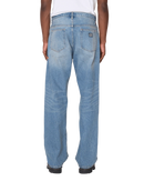 Obey Boxcar Straight Leg Denim in Heavy Vintage Indigo, 100% cotton 13.5 oz heavyweight denim relaxed fit straight leg jeans met 5-pocket design buttons en rivets met Obey lettering sewn-on eyes patch en deep blue vintage wash met fade-outs, verkrijgbaar bij Revert 95 Haarlem