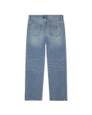 Obey Boxcar Straight Leg Denim in Heavy Vintage Indigo, 100% cotton 13.5 oz heavyweight denim relaxed fit straight leg jeans met 5-pocket design buttons en rivets met Obey lettering sewn-on eyes patch en deep blue vintage wash met fade-outs, verkrijgbaar bij Revert 95 Haarlem