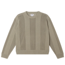 Obey Crochet Sweater in London Fog, 100% cotton crochet knit crewneck sweater met textural stripe appearance rib collar cuff en hem embroidered Obey logo op borst in regular fit in gedempte lichtgrijze London Fog colorway, verkrijgbaar bij Revert 95 Haarlem