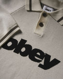 Obey Sport Polo Sweater Unbleached Multi, polosweater van 100% viscose met gestreepte rib polokraag, contrastpanelen en relaxed fit, maten S-XXL, verkrijgbaar bij Revert 95 Haarlem