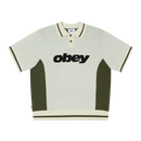 Obey Sport Polo Sweater Unbleached Multi, polosweater van 100% viscose met gestreepte rib polokraag, contrastpanelen en relaxed fit, maten S-XXL, verkrijgbaar bij Revert 95 Haarlem