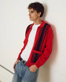 Obey Matt Zip Up Sweater in Red Multi, 58% cotton 42% polyester striped polo cardigan met rib collar front metal zipper rib welt pockets ribbed cuff en hem en Obey label aan zijnaad in gestreepte rode multi colorway regular fit, verkrijgbaar bij Revert 95 Haarlem