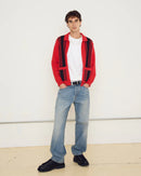 Obey Matt Zip Up Sweater in Red Multi, 58% cotton 42% polyester striped polo cardigan met rib collar front metal zipper rib welt pockets ribbed cuff en hem en Obey label aan zijnaad in gestreepte rode multi colorway regular fit, verkrijgbaar bij Revert 95 Haarlem