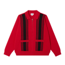 Obey Matt Zip Up Sweater in Red Multi, 58% cotton 42% polyester striped polo cardigan met rib collar front metal zipper rib welt pockets ribbed cuff en hem en Obey label aan zijnaad in gestreepte rode multi colorway regular fit, verkrijgbaar bij Revert 95 Haarlem