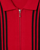 Obey Matt Zip Up Sweater in Red Multi, 58% cotton 42% polyester striped polo cardigan met rib collar front metal zipper rib welt pockets ribbed cuff en hem en Obey label aan zijnaad in gestreepte rode multi colorway regular fit, verkrijgbaar bij Revert 95 Haarlem