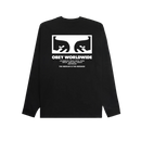 Obey The Medium Is The Message Long Sleeve T-Shirt in Black, 100% cotton long sleeve crew neck regular fit tee met The Medium Is The Message graphic van Shepard Fairey op voorkant en achterkant in tijdloze zwarte colorway, verkrijgbaar bij Revert 95 Haarlem