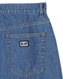 Obey Emerson Denim Short, 100% cotton 10 oz denim loose fit short met shank button closure zipper fly klassiek 5-pocket design Obey labeling en sewn-on eyes patch op achterzak 9.5 inch inseam verkrijgbaar in Washed Black en Salty Blue Stone Wash taillemaatjes 28-36, verkrijgbaar bij Revert 95 Haarlem