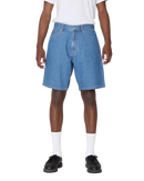 Obey Emerson Denim Short, 100% cotton 10 oz denim loose fit short met shank button closure zipper fly klassiek 5-pocket design Obey labeling en sewn-on eyes patch op achterzak 9.5 inch inseam verkrijgbaar in Washed Black en Salty Blue Stone Wash taillemaatjes 28-36, verkrijgbaar bij Revert 95 Haarlem