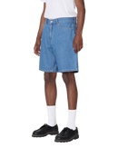 Obey Emerson Denim Short, 100% cotton 10 oz denim loose fit short met shank button closure zipper fly klassiek 5-pocket design Obey labeling en sewn-on eyes patch op achterzak 9.5 inch inseam verkrijgbaar in Washed Black en Salty Blue Stone Wash taillemaatjes 28-36, verkrijgbaar bij Revert 95 Haarlem