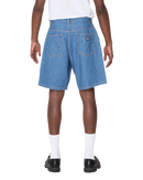 Obey Emerson Denim Short, 100% cotton 10 oz denim loose fit short met shank button closure zipper fly klassiek 5-pocket design Obey labeling en sewn-on eyes patch op achterzak 9.5 inch inseam verkrijgbaar in Washed Black en Salty Blue Stone Wash taillemaatjes 28-36, verkrijgbaar bij Revert 95 Haarlem
