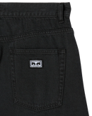 Obey Emerson Denim Short, 100% cotton 10 oz denim loose fit short met shank button closure zipper fly klassiek 5-pocket design Obey labeling en sewn-on eyes patch op achterzak 9.5 inch inseam verkrijgbaar in Washed Black en Salty Blue Stone Wash taillemaatjes 28-36, verkrijgbaar bij Revert 95 Haarlem