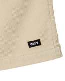 Obey Horizon Short in Birch Faded Wash, 100% cotton fine wale corduroy relaxed fit short met elastic waistband drawstring side pockets patch back pockets en subtiel Obey logo detail in crèmige beige Birch Faded Wash colorway, verkrijgbaar bij Revert 95 Haarlem