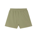 Obey Travel Short in Vetiver, 92% polyester 8% spandex 3.5 oz lichtgewicht short met elastic waistband rounded drawcord faux fly front slash pockets zipper closure back welt pocket reflective Obey logo op been relaxed fit 7 inch inseam in gedempte olijfgroene Vetiver colorway, verkrijgbaar bij Revert 95 Haarlem