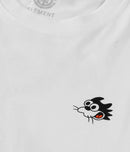 Element x Floor Van Het Nederend Pizza SS Tee White met full-color Malvin The Cat backprint staand op een rood geblokt tafelkleed met Element logo op pizzadoos, verkrijgbaar bij Revert 95 Haarlem