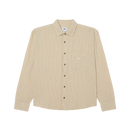 Obey Isaac Woven Shirt in Black Multi, 100% cotton poplin striped long sleeve shirt met button front closure chest pocket scallop hem en Obey embroidery op borst in gestreepte zwarte multi colorway relaxed fit Imported Fair Trade, verkrijgbaar bij Revert 95 Haarlem