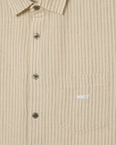 Obey Isaac Woven Shirt in Black Multi, 100% cotton poplin striped long sleeve shirt met button front closure chest pocket scallop hem en Obey embroidery op borst in gestreepte zwarte multi colorway relaxed fit Imported Fair Trade, verkrijgbaar bij Revert 95 Haarlem