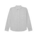 Obey Isaac Woven Shirt in Black Multi, 100% cotton poplin striped long sleeve shirt met button front closure chest pocket scallop hem en Obey embroidery op borst in gestreepte zwarte multi colorway relaxed fit Imported Fair Trade, verkrijgbaar bij Revert 95 Haarlem