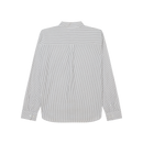 Obey Isaac Woven Shirt in Black Multi, 100% cotton poplin striped long sleeve shirt met button front closure chest pocket scallop hem en Obey embroidery op borst in gestreepte zwarte multi colorway relaxed fit Imported Fair Trade, verkrijgbaar bij Revert 95 Haarlem