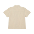 Obey Alan Woven Unbleached Multi, gestreept seersucker overhemd van 100% cotton met button front closure, borstzak en geborduurd Obey logo, relaxed fit, maten S-XXL, verkrijgbaar bij Revert 95 Haarlem