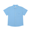 Obey Barry Woven Sky Blue Multi, kort mouwen overhemd van cotton linnen mix met opvallend patroon, relaxed fit en button front closure, maten M-XL, verkrijgbaar bij Revert 95 Haarlem