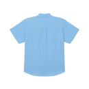 Obey Barry Woven Sky Blue Multi, kort mouwen overhemd van cotton linnen mix met opvallend patroon, relaxed fit en button front closure, maten M-XL, verkrijgbaar bij Revert 95 Haarlem