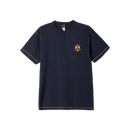 Dark Seas Regimen Blind Stitch T-Shirt in Heather Navy, relaxed fit tee van 55% gerecycled katoen 45% gerecycled polyester met contrast blind stitching bij mouw en onderzoom en 7/8 inch neckrib, verkrijgbaar bij Revert 95 Haarlem