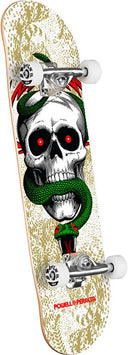 Powell Peralta Skull and Snake Complete Skateboard White Metallic Gold 7.75 inch, 7-ply hard yellow birch AirLam complete met Mini Logo trucks Powell Peralta 53mm 90A wielen Skate Rated lagers K20 concave shape 291 Skull and Snake graphic van VC Johnson 1984 volledig gemonteerd, verkrijgbaar bij Revert 95 Haarlem