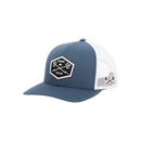 Dark Seas Progress Cap in Navy White, low profile 6-panel snapback met curved visor embroidered twill patch Dark Seas logo op de voorkant en Tridents embroidery op de zijkant, verkrijgbaar bij Revert 95 Haarlem