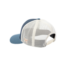 Dark Seas Navigation Hat in Navy Blue, low profile 6-panel trucker met curved visor zwarte onderkant voor glarereductie geborduurd twill patch logo en Tridents embroidery op de zijkant, verkrijgbaar bij Revert 95 Haarlem
