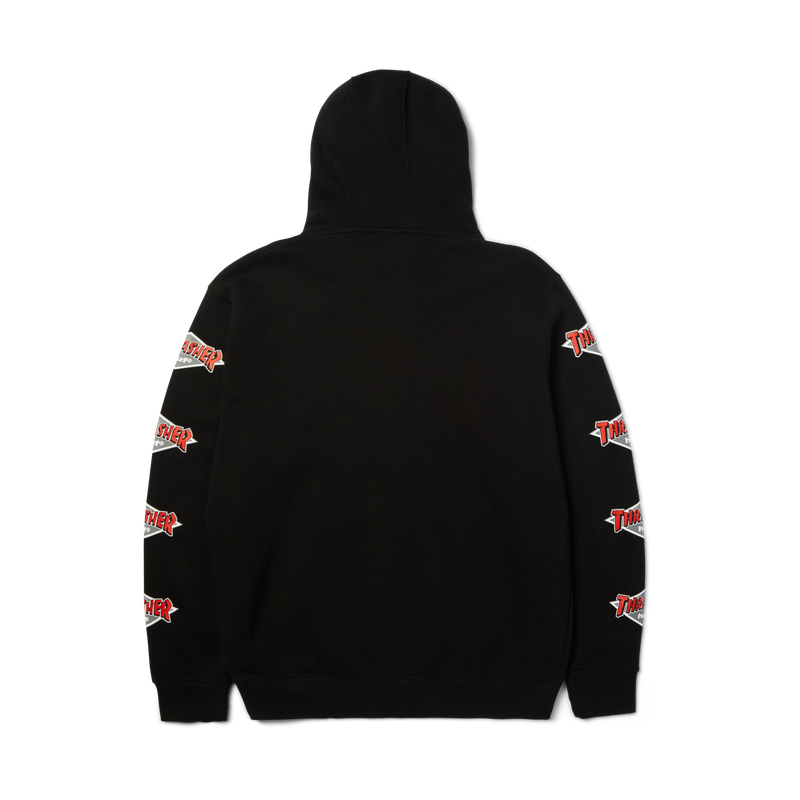 HUF x Thrasher Logo PO Hoodie – hoodie van zwaar katoenfleece met HUF x Thrasher-logo op borst en mouwprints, verkrijgbaar in zwart en grijs