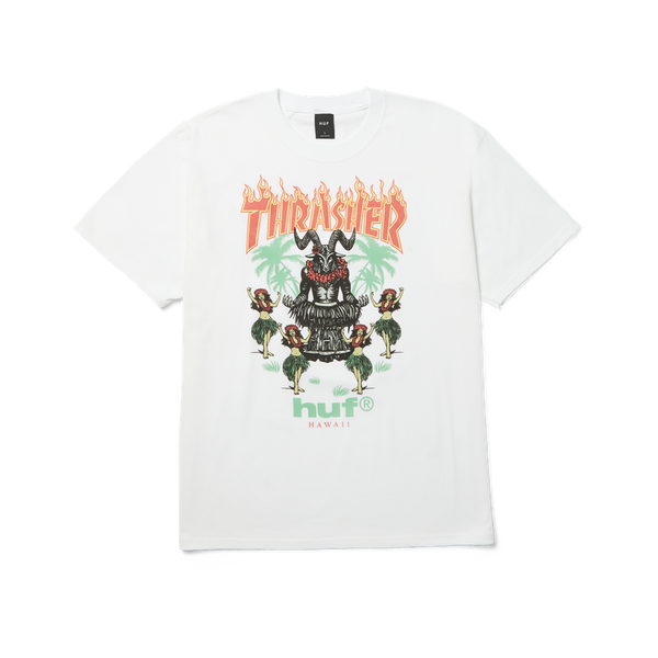 HUF x Thrasher Goat Luau SS Tee – wit T-shirt van 100% katoen met tropische Goat Luau-graphic en Thrasher-vlamlogo