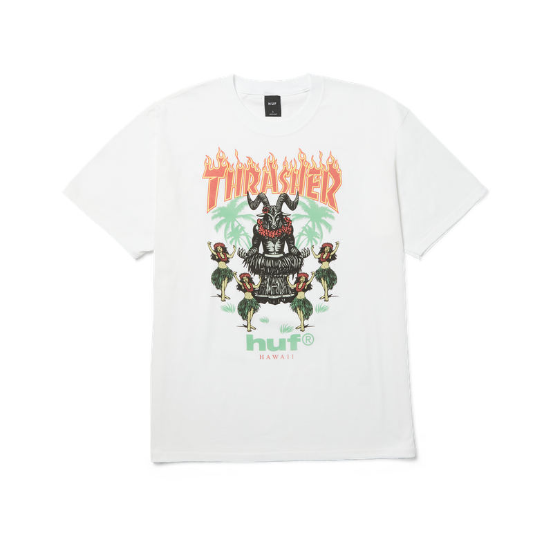HUF x Thrasher Goat Luau SS Tee – wit T-shirt van 100% katoen met tropische Goat Luau-graphic en Thrasher-vlamlogo